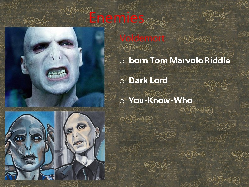 Enemies Voldemort  born Tom Marvolo Riddle  Dark Lord  You-Know-Who